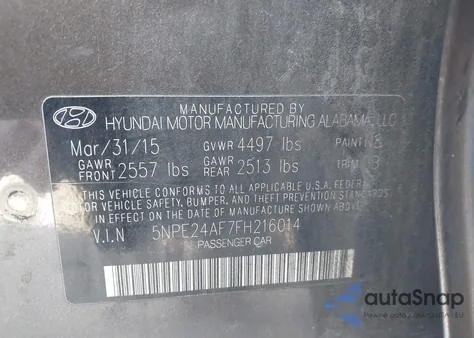 2015 Hyundai Sonata Se from USA, damaged, VIN 5NPE24AF7FH216014